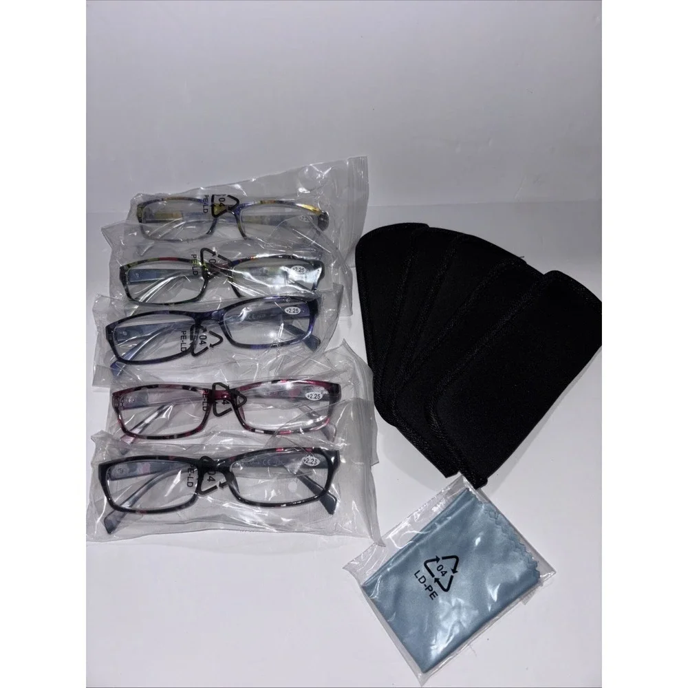 5 Pair +2.25 Reading Glasses Variety Of Colors With Cases & Cleaning Cloth New